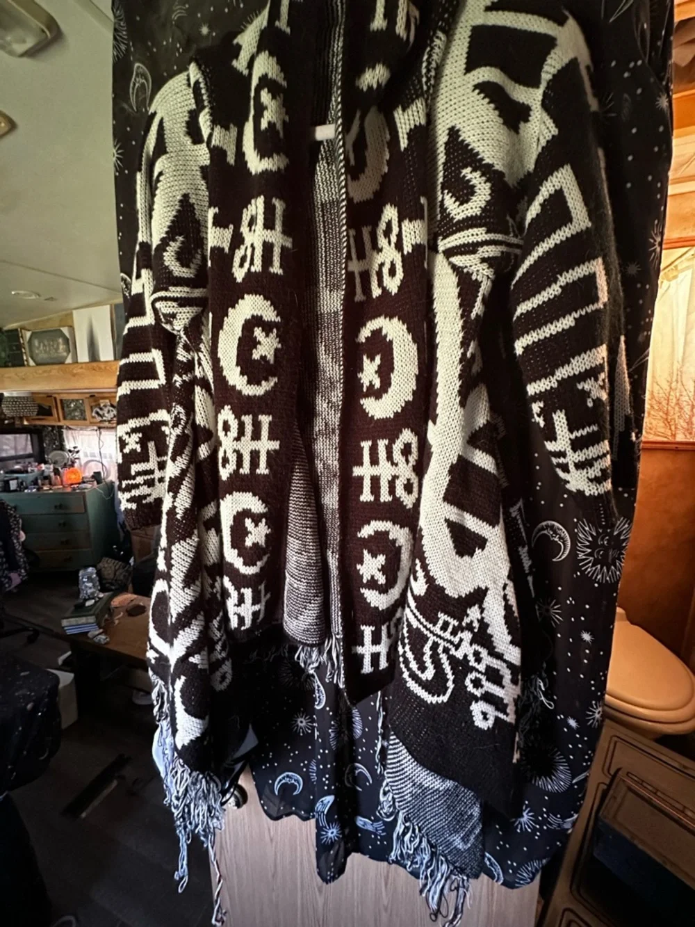 SHEIN Black & White Knit Fringe Open Cardigan - Picture 1 of 5